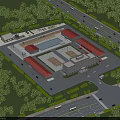 Fire Station Building With Red Roofs And Surrounding Green Trees Near Roads