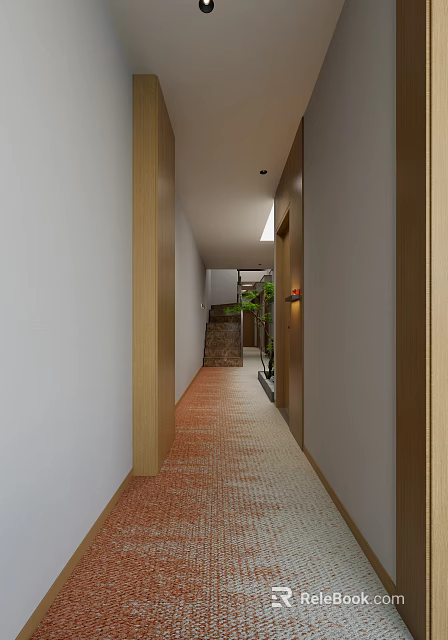 Modern Hotel Corridor With Wooden Wall Decor Red Tile Floor And Potted Greenery 3d model 