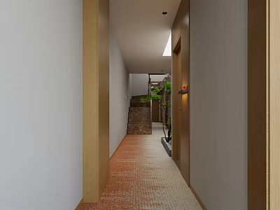 Modern Hotel Corridor With Wooden Wall Decor Red Tile Floor And Potted Greenery 3d model