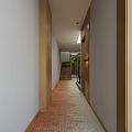 Modern Hotel Corridor With Wooden Wall Decor Red Tile Floor And Potted Greenery