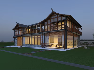 Traditional Chinese Boutique Guesthouse With Curved Eaves Glass Windows And Wooden Railings 3d model