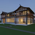 Traditional Chinese Boutique Guesthouse With Curved Eaves Glass Windows And Wooden Railings