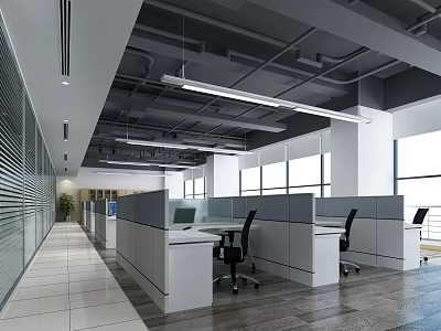 Modern Public Office Space Interior With Open Cubicles Computers Office Chairs And Large Windows 3d model