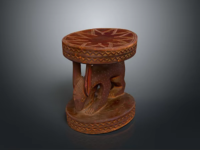 Hand Carved Wooden Stool With Round Top And Animal Shaped Base Intricate Patterns 3d model