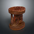 Hand Carved Wooden Stool With Round Top And Animal Shaped Base Intricate Patterns