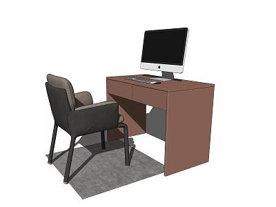 Brown Desk Setup With Computer Monitor Gray Chair And Gray Rug 3d model