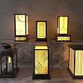 Modern Outdoor Lights with Diverse Designs Patterned Shades and Warm Glow on Marble Surface