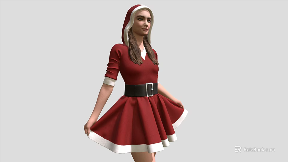 Woman In Red Christmas Dress With White Trim Black Belt And Hood 3d model 