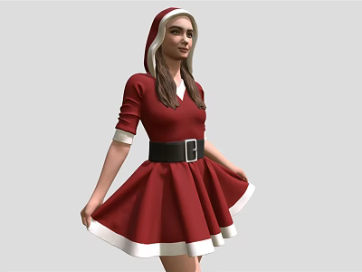 Woman In Red Christmas Dress With White Trim Black Belt And Hood 3d model