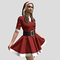 Woman In Red Christmas Dress With White Trim Black Belt And Hood
