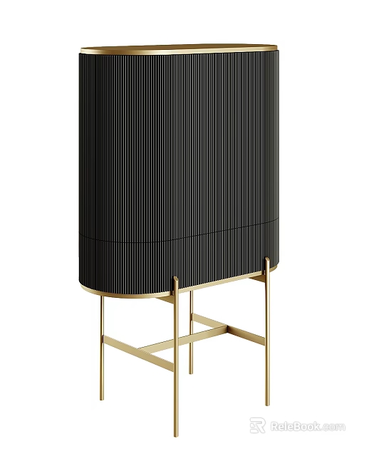 Modern Entryway Console Cabinet With Vertical Striped Black Body And Gold Metal Legs 3d model 