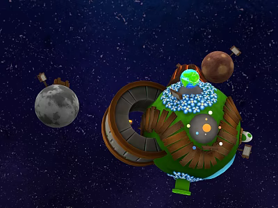 Cartoon Space Scene With Circular Green Space Station Orbiting Moon And Brown Planet Blue Decorations 3d model