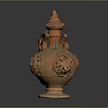 Reddish Brown Terracotta Household Vessel With Spire Top Curved Handle And Hollowed Patterns