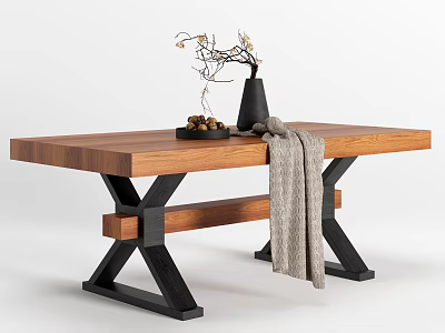 Rustic Wooden Dining Table With Black Metal Legs Gray Knitted Throw And Twig Decor 3d model