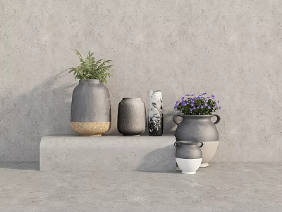 Bonsai Potted Plants With Gray White Pots Green Foliage And Purple Flowers On Concrete Step 3d model