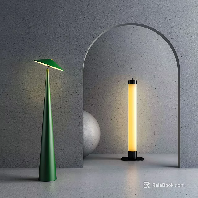 Modern Green Cone and Black Cylinder Floor Lamps with Yellow Light in Grey Wall Archway 3d model 