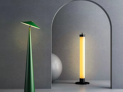 Modern Green Cone and Black Cylinder Floor Lamps with Yellow Light in Grey Wall Archway 3d model