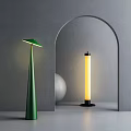 Modern Green Cone and Black Cylinder Floor Lamps with Yellow Light in Grey Wall Archway