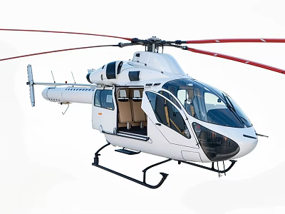 White Helicopter With Red Rotors Open Doors And Clear Cockpit Design 3d model