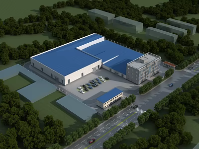 Industrial Factory Building With Blue Roof Surrounded By Trees Parking Lot And Road 3d model