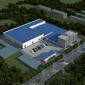 Industrial Factory Building With Blue Roof Surrounded By Trees Parking Lot And Road