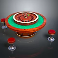 Luxury Casino Roulette Table With Green Felt Surface Wooden Frame And Red Stools