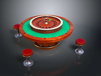 Luxury Casino Roulette Table With Green Felt Surface Wooden Frame And Red Stools 3d model