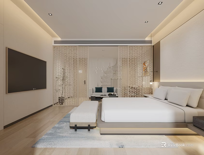 Modern Minimalist Hotel Guest Room With King Bed TV Sofa And Area Rug 3d model 