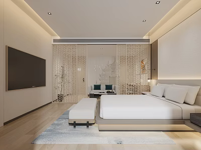 Modern Minimalist Hotel Guest Room With King Bed TV Sofa And Area Rug 3d model