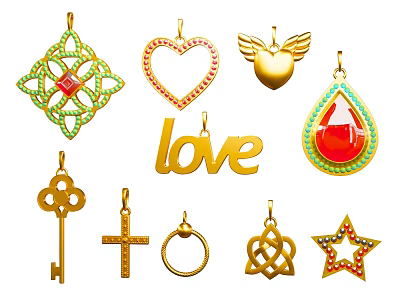 Stylish Gold Fashion Jewelry Pendants with Heart Key Star Teardrop and Love Design 3d model