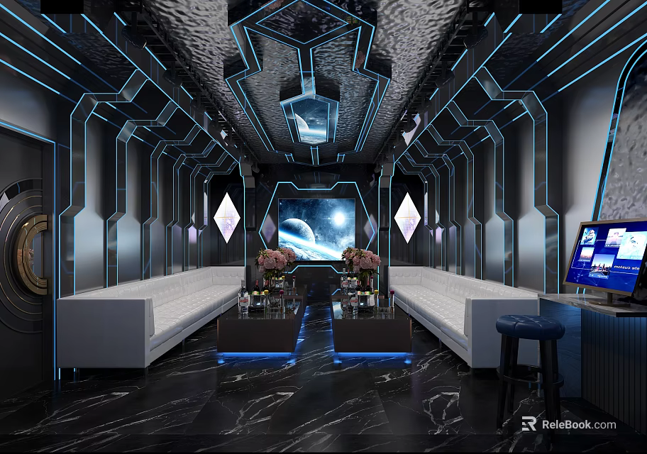 Modern Tech Inspired KTV Room With Neon Lights White Sofas And Starry Sky Screen 3d model