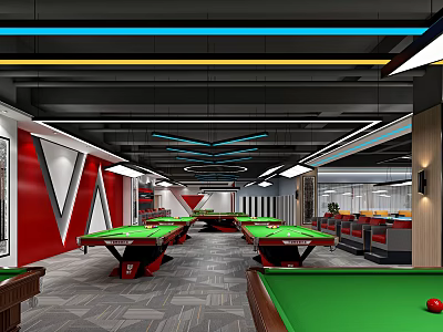 Modern Billiard Club Interior With Green Felt Tables And Red Accents 3d model