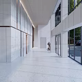 Spacious Modern Hall Interior Design With White Walls Red Accent Strips And Light Floor