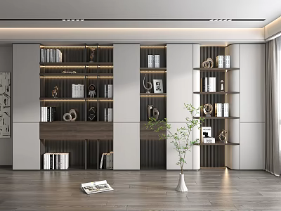 Modern Wooden Bookcase Design With Open Shelves And Decorative Items 3d model