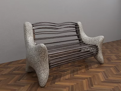 Unique Public Bench With Curved Speckled Arms And Metal Slats On Herringbone Wooden Floor 3d model