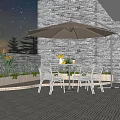 Clubhouse Outdoor Patio With Night Sky Brick Wall Umbrella Table Chairs And Purple Lighting