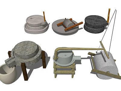 Traditional Garden Ornaments Featuring Various Stone Mills Mortars And Wooden Stands 3d model
