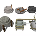 Traditional Garden Ornaments Featuring Various Stone Mills Mortars And Wooden Stands