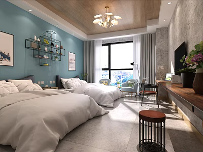 Hotel Guest Room With Twin Beds White Bedding Blue Walls Wooden Ceiling And Large Window 3d model