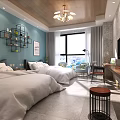 Hotel Guest Room With Twin Beds White Bedding Blue Walls Wooden Ceiling And Large Window