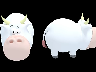 Cute White Cartoon Cow Game Movie Character With Yellow Horns Front Back Views 3d model