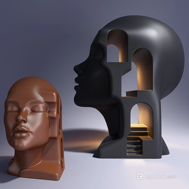 Modern Abstract Sculpture Carving With Facial Shape And Interior Stairs Archway 3d model 