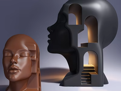 Modern Abstract Sculpture Carving With Facial Shape And Interior Stairs Archway 3d model