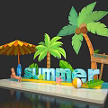 Vibrant Summer Beach Setup With Palm Trees Umbrella Chair Surfboard And Starfish