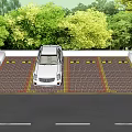 Parking Lot With Red Brick Pavement Yellow Lines And White Car Surrounded By Green Trees