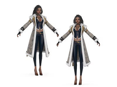 Game Movie Female Character Wearing Long Decorative Coat With Dark Hair And High Heels 3d model