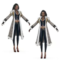 Game Movie Female Character Wearing Long Decorative Coat With Dark Hair And High Heels