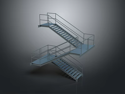 Sleek Modern Industrial Metal Staircase With Double Platform And Railings Design 3d model