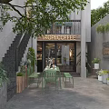 Commercial Outdoor Seating Space With Green Metal Table Chairs Bench And Plant Decorations
