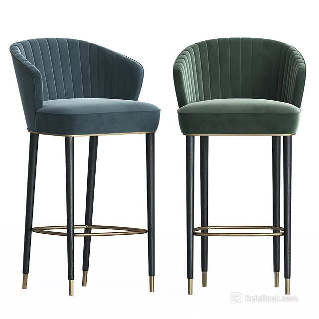 Velvet Bar Stools With Curved Backrest Navy Blue And Emerald Green Black Legs Gold Accents 3d model 
